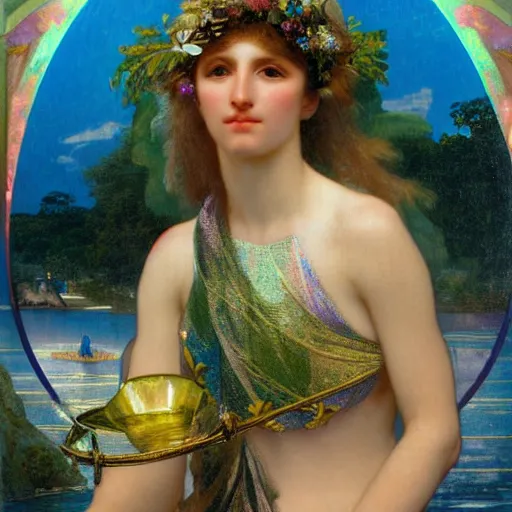 Image similar to Close up of the girl's chalice, refracted sparkles, thunderstorm, greek pool, beach and Tropical vegetation on the background major arcana sky, by paul delaroche, alphonse mucha and arnold böcklin, hyperrealistic 8k, award-winning, very very very detailed