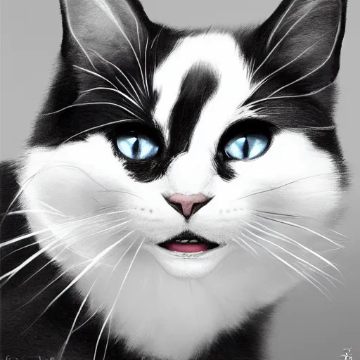 Image similar to black and white cat, with a black spot under the mouth, by Stanley Artgerm Lau, WLOP, Rossdraws, James Jean, Andrei Riabovitchev, Marc Simonetti, Yoshitaka Amano, ArtStation, CGSociety,