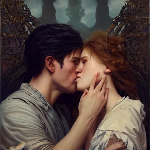 Prompt: portrait painting of couple kissing, ultra realistic, concept art, intricate details, eerie, highly detailed, photorealistic, octane render, 8 k, unreal engine. art by artgerm and greg rutkowski and alphonse mucha