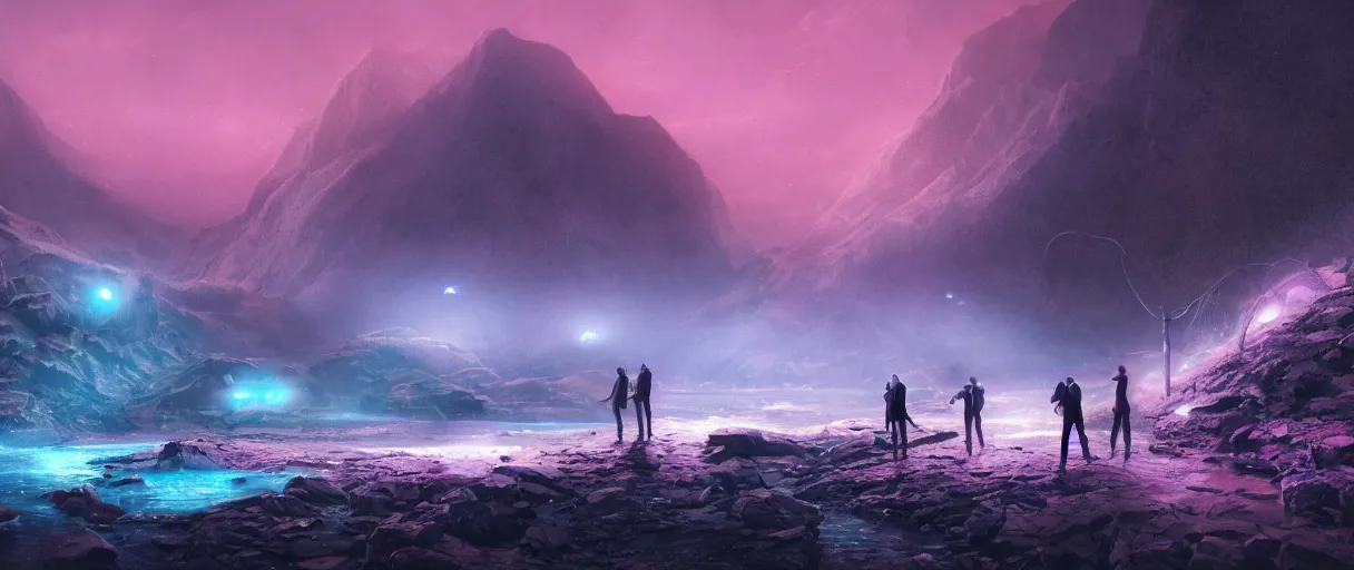 Prompt: a band playing music close to a wild river on an alien planet, mountains, rivers, small pink foggy and gloomy, blue lights, bokeh background, highly detailed science fiction illustration by jeremy geddes. photorealistic, octane render, hyper detailed, 8 k, movie still, artstation, unreal engine