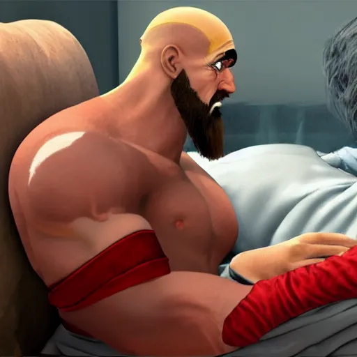 Prompt: kratos in bed with trump