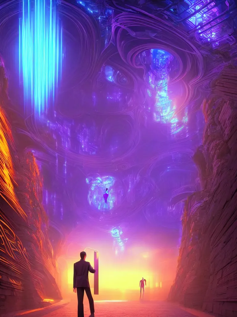 Image similar to entrance to matrix ethereal realm, ai sentient, rendered in unreal engine, central composition, symmetrical composition, dreamy colorful cyberpunk colors, 6 point perspective, fantasy landscape with anthropomorphic terrain in the styles of igor morski, jim warren and rob gonsalves, intricate, hyperrealistic, volumetric lighting, neon ambiance, distinct horizon