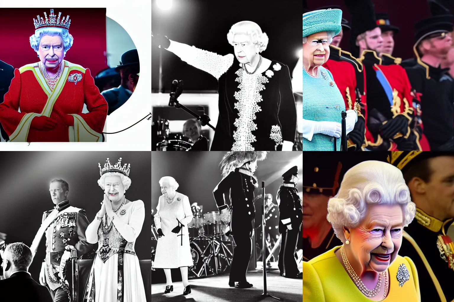 Prompt: Queen Elizabeth II performs at punk rock show, realistic, cinematic, dramatic light, hyper realistic photo