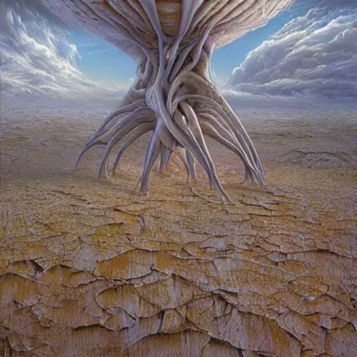 Prompt: Alien planet, hyper-realistic oil painting, Environmental art by Peter Gric, Marco Mazzoni