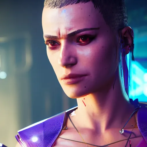 Image similar to female V from Cyberpunk 2077 wearing spiked collar, 4K