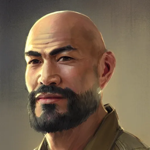 Prompt: portrait of a man by greg rutkowski, he is about 4 0 years old, mixture between vietnamese, persian and texan, bald with beard, very tall and slender, he is wearing a utilitarian jumpsuit, highly detailed portrait, digital painting, artstation, concept art, smooth, sharp foccus ilustration, artstation hq