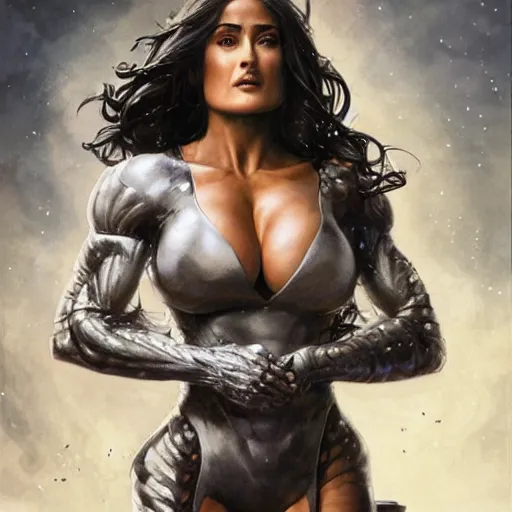 Prompt: muscular beautiful salma hayek wearing silver armor tombow artwork uta natsume , lucas graciano, greg staples ,jean-sebastien rossbach , christophe young , eytan zana , rumiko takahashi