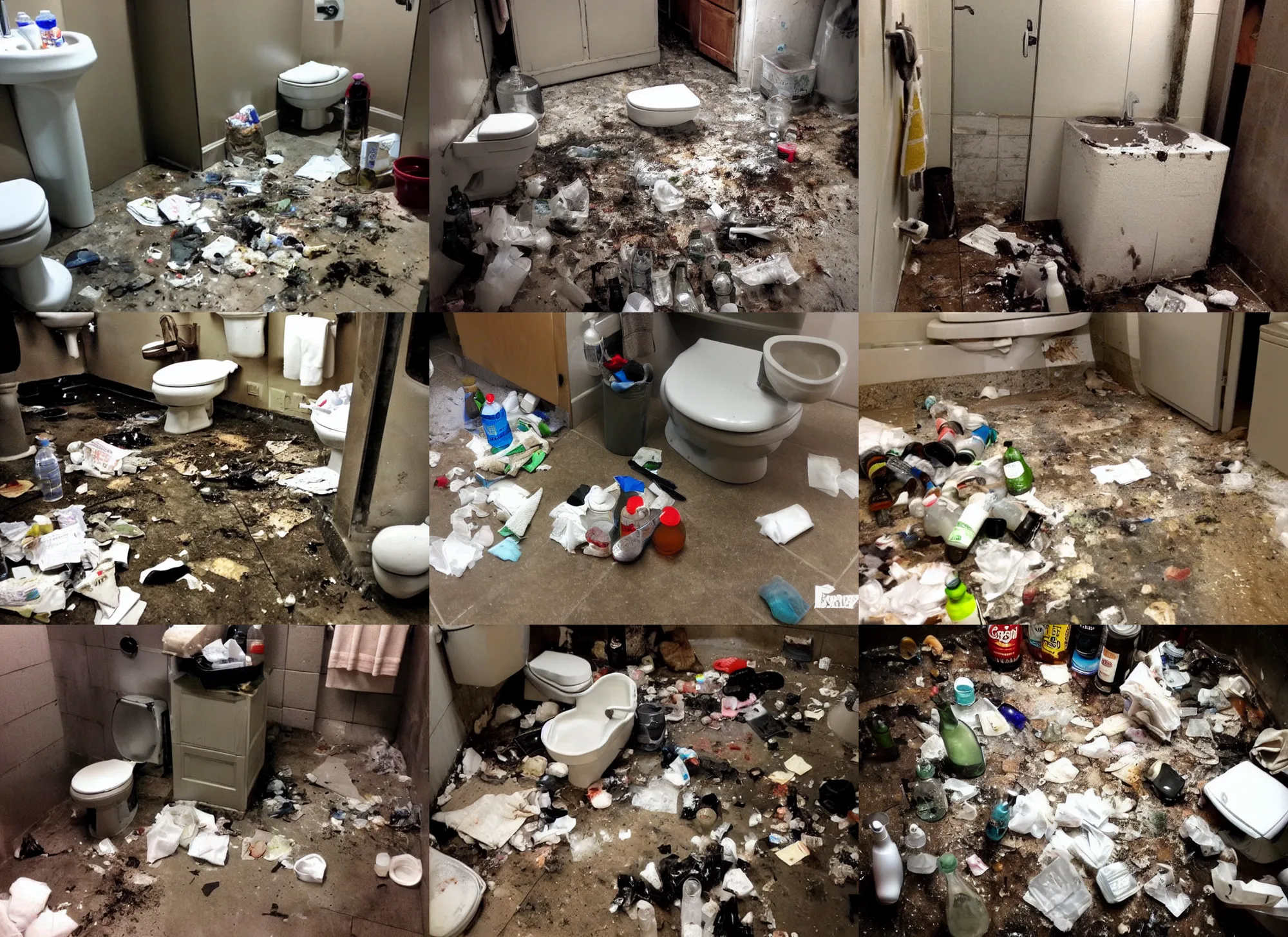 Prompt: most dirty bathroom ever, bottles, trash, paper, stain,