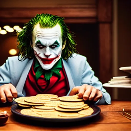 Image similar to cinematic shot of the joker sitting at a table in front of a plate of baking powder biscuits, 8 k, very detailed, very intricate,