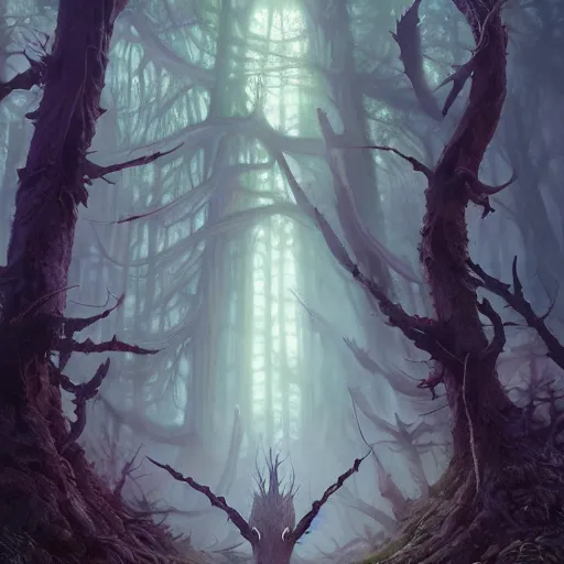 Image similar to highly detailed creepy forest humanoide creature in robes, stephen bliss, unreal engine, fantasy art by greg rutkowski, loish, rhads, ferdinand knab, makoto shinkai and lois van baarle, ilya kuvshinov, rossdraws, tom bagshaw, global illumination, radiant light, detailed and intricate environment