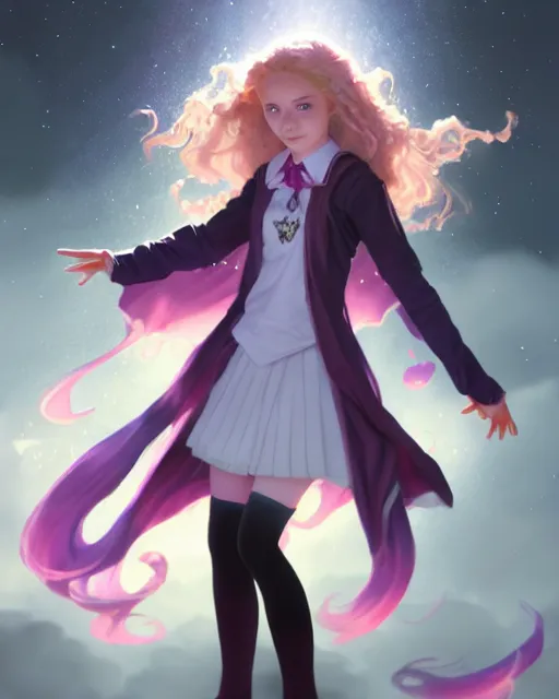 Prompt: realistic portrait of a innocent young teen girl, d&d magic fantasy, dark magical school student uniform, light curly hair, casting a bright large-scale magical spell around herself, overflowing energy, highly detailed, digital painting, trending on artstation, pixiv, concept art, sharp focus, illustration, art by Ross Tran and Greg Rutkowski and Walt Disney animation