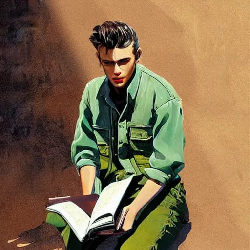 Image similar to a highly detailed epic cinematic concept art CG render digital painting artwork costume design: young James Dean as a well-kept neat anarchist rebel in 1950s USSR green dungarees and big boots, reading a book. By Greg Rutkowski, Ilya Kuvshinov, WLOP, Stanley Artgerm Lau, Ruan Jia and Fenghua Zhong, trending on ArtStation, subtle muted cinematic colors, made in Maya, Blender and Photoshop, octane render, excellent composition, cinematic atmosphere, dynamic dramatic cinematic lighting, aesthetic, very inspirational, arthouse