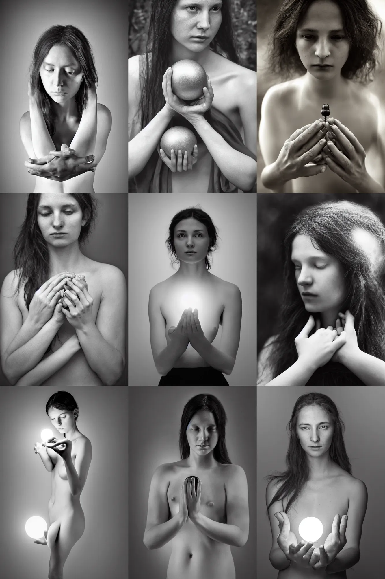 Prompt: black and white photo of a mystical female holding a orb light with both hands body by Alyssa Monks, Bouguereau. Full body shot; hyper realism dramatic lighting, high detail 4K