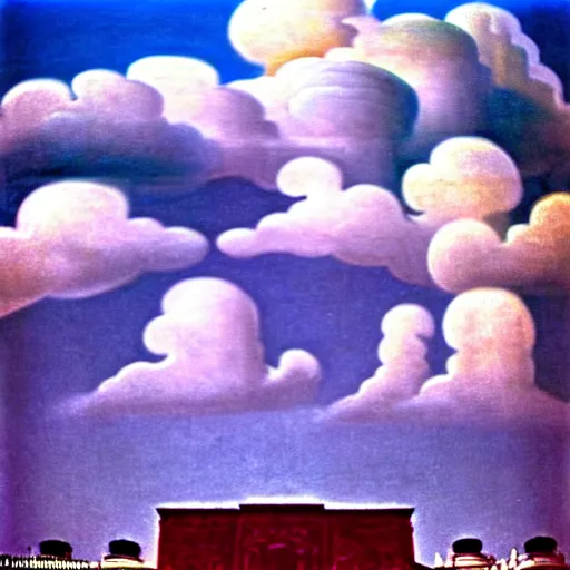 Prompt: clouds shaped like the second temple in jerusalem, awe inspiring, masterpiece surrealism
