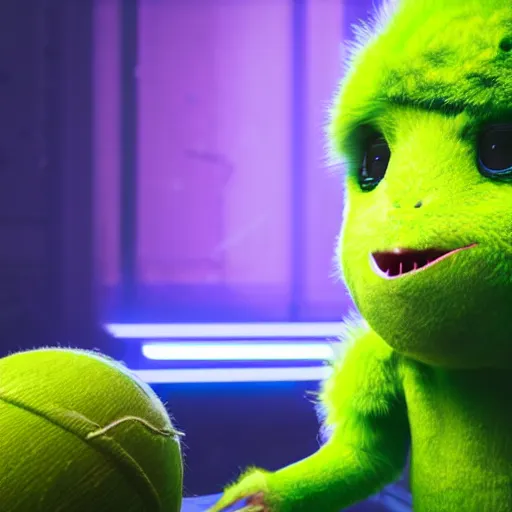 Image similar to high quality 3 d render cyberpunk very tennis ball monster highly detailed, unreal engine cinematic smooth, in the style of blade runner & detective pikachu, hannah yata charlie immer, purple light, low angle, uhd 8 k, sharp focus