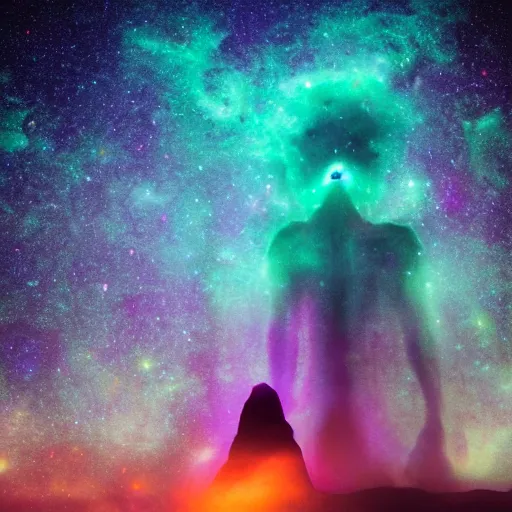 Image similar to a towering godlike apparition in the shape of a human, made of smoke and fog, backlit by pink, purple, red, blue neon lighting, nebulas, backround of stars and galaxies