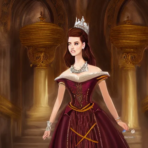 Prompt: Princess at a royal banquet, elegant dress, intricate, matte, digital painting, 8K, warm lighting, large staircase, royalty, high detail, medieval-fantasy, concept art, cinematic, beautiful face, high detailed facial features,