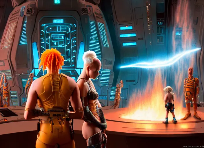 Prompt: still photo from the fifth element movie, matt walsh, far future, highly detailed, trending on artstation, intricate, cinematic composition, by rutkowski