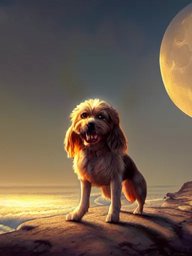 Prompt: two dogs howling at the moon, the ocean in the backgound. intricate, elegant, highly detailed, digital painting, artstation, concept art, sharp focus, illustration, by justin gerard and artgerm, 8 k