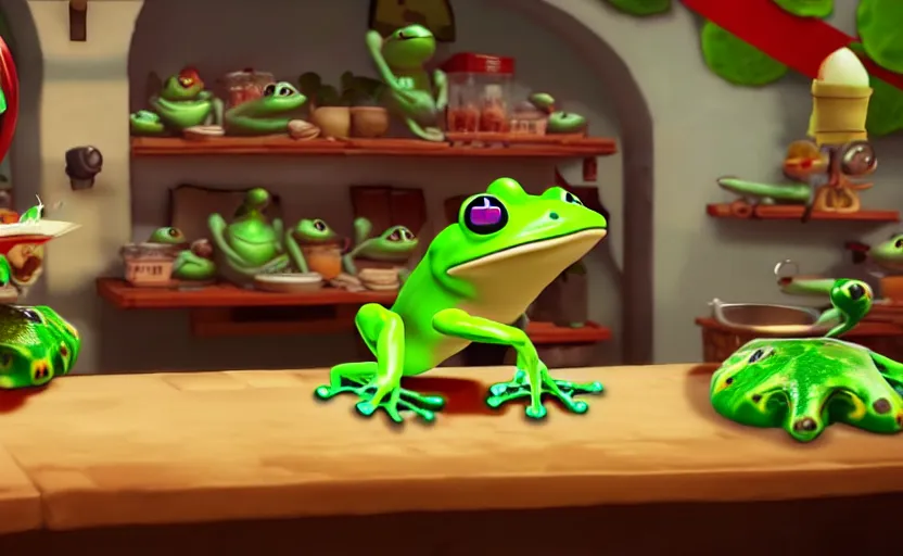 Prompt: ps 4 game about a cute frog chef in italy, unity screenshot,