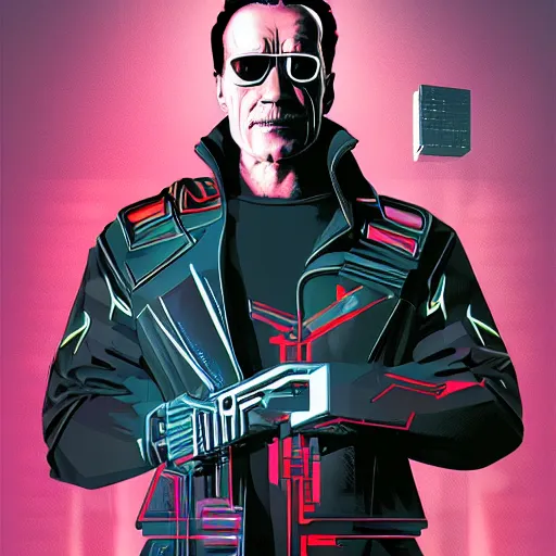 Image similar to cyberpunk arnold schwarzenegger as the leader of a futuristic communist society, cybernetics, sharp lines, digital, artstation, colored in