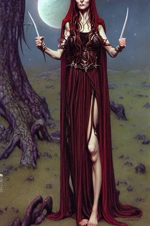 Prompt: a gorgeous female elven priest in a revealing dress, grimdark fantasy by Gerald Brom