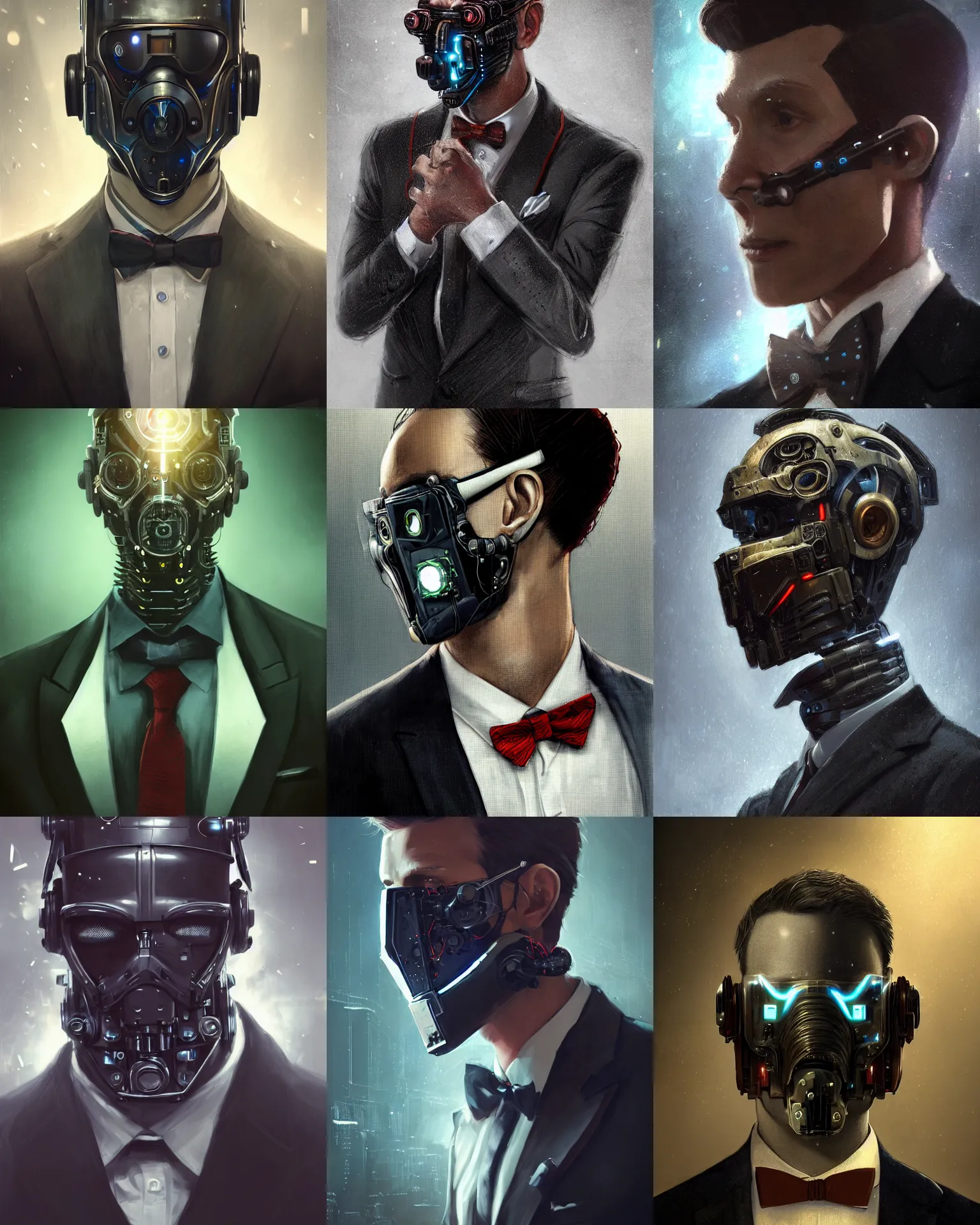 Prompt: a smart young engineer man with cybernetic enhancements wearing a suit and bowtie, detailed mask, scifi character portrait by greg rutkowski, esuthio, craig mullins, 1 / 4 headshot, cinematic lighting, dystopian scifi gear, gloomy, profile picture, mechanical, half robot, implants, steampunk