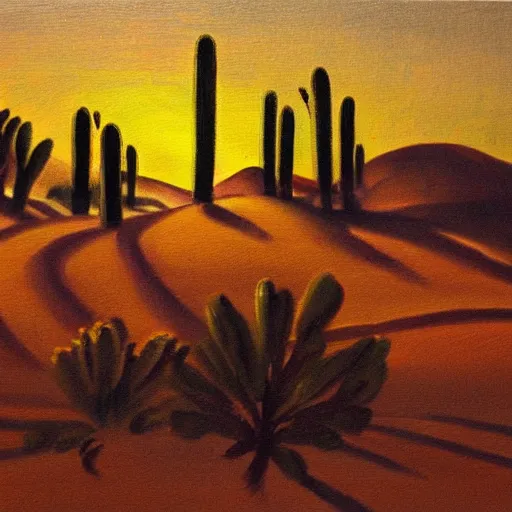 Prompt: a painting of oasis in desert, dramatic lighting