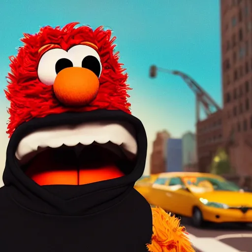 Prompt: Elmo from sesame street dressed up as a mega stylish rapper, wearing a hoodie and gold chain and backwards hat, in New York City, highly detailed, 4K, moody lighting, 90’s vibe, 3d render, octane redshift, 8k