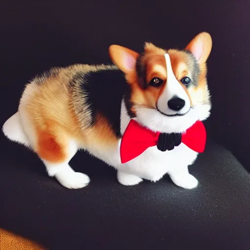 Prompt: corgi wearing a black tuxedo and a red tie