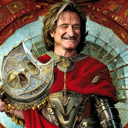 Prompt: an ultradetailed portrait of robin williams dressed as a fantasy holy paladin, carrying a large tower shield, d & d, fantasy, intricate, elegant, highly detailed, digital painting, matte, sharp focus, illustration, plate armor, god rays, art by john collier and albert aublet and krenz cushart and artem demura and alphonse mucha