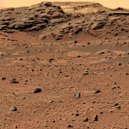 Prompt: Cat looking figure in the distance, an old restored photo from a Curiosity Mars rover