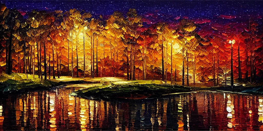 Image similar to nighttime nature landscape, oil painting, ultra realistic, highly detailed, hd, sharp focus, cinematic lighting, warm colors, realistic, photorealistic, vivid colors, painting, non blurry, sharp, smooth, illustration