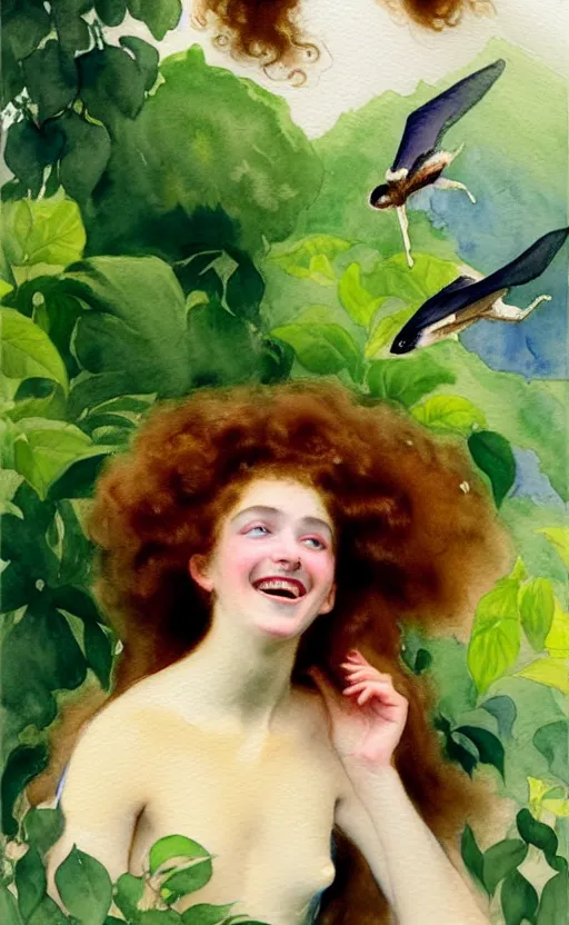 Image similar to the face of a young woman with marble complexion, angelic features, dancing curls around her face, her head raised in rapture, laughing, symmetrical eyes, watercolor by john singer sargent, background lush vegetation, insects and birds, 8 k uhd