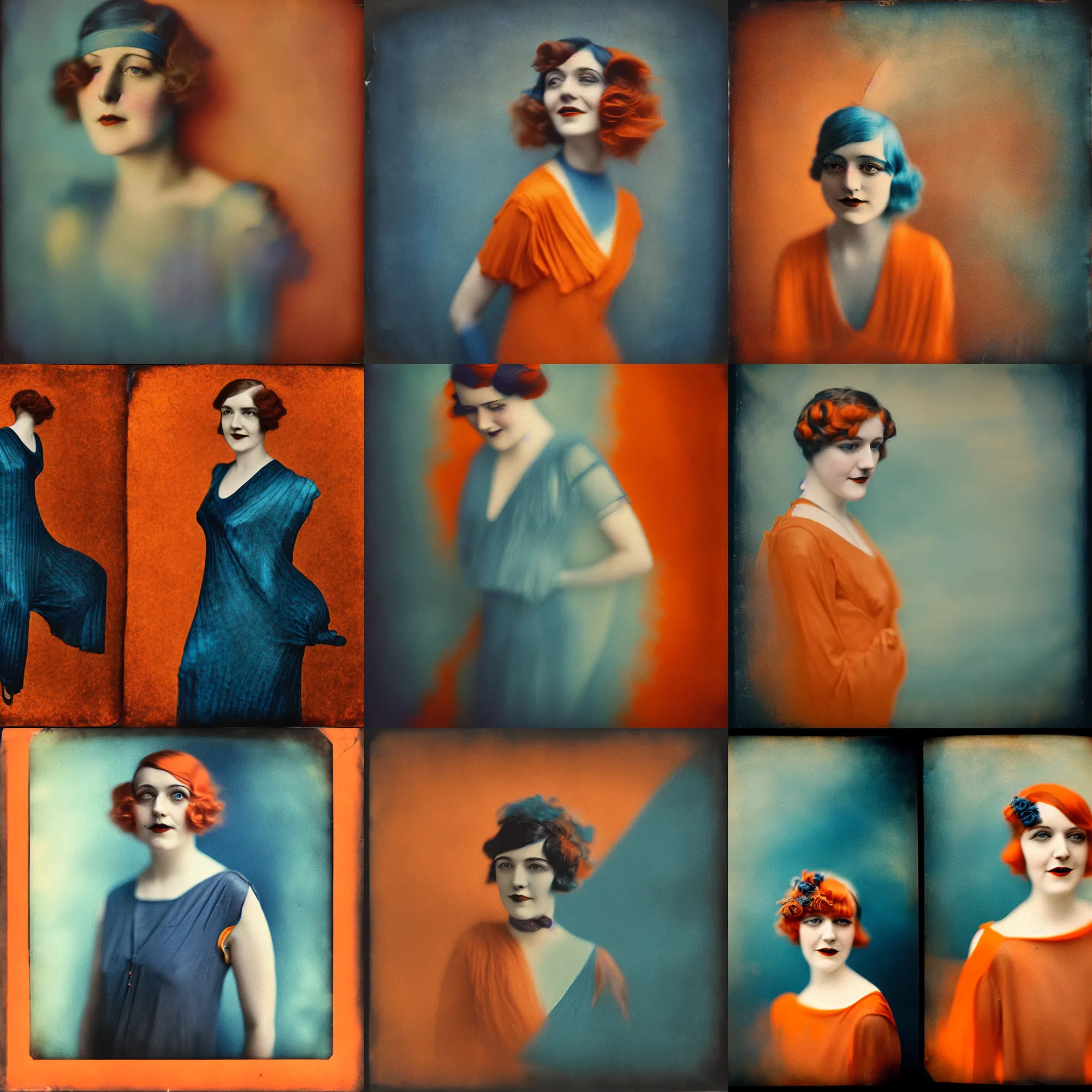 Prompt: kodak portra 4 0 0, wetplate, motion blur, portrait photo of a backdrop, 1 9 2 0 s cloth, 1 9 2 0 s hair, coloured in blueberra and orange, by britt marling, muted colours