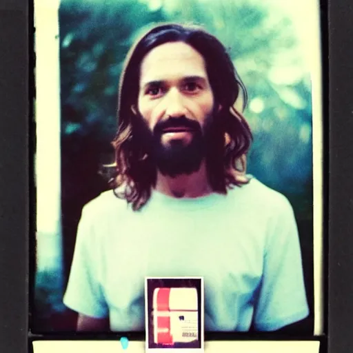 Image similar to a found polaroid of Jesus caught shoplifting, circa 1990