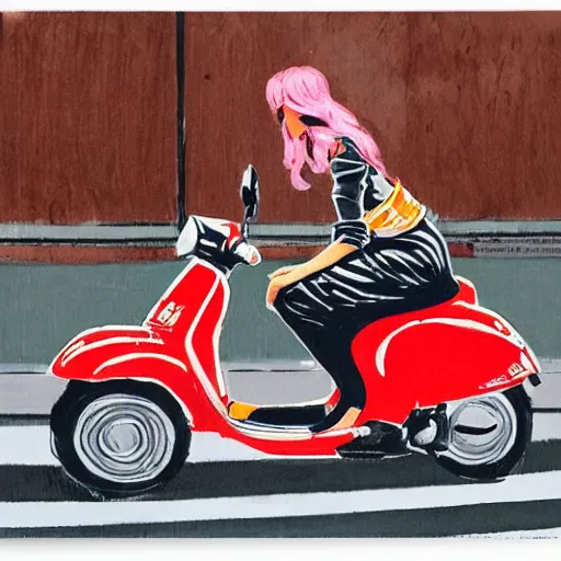 Image similar to the orange - haired vespa queen in hong kong, by amiet kuno