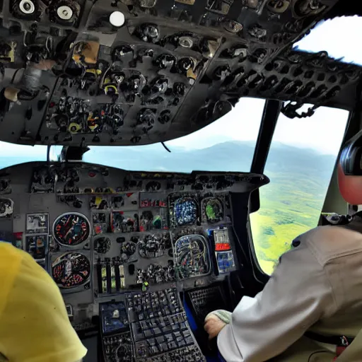 Prompt: Gemdalf in a pilot cabin flying the plane. Award winning photo