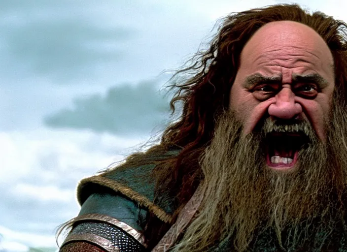 Image similar to film still of danny devito as gimli in lord of the rings movie, 8 k