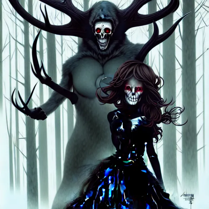 Image similar to style artgerm, joshua middleton, steve niles, gerald brom, scary wendigo with antlers and skull face mixed with werewolf, beautiful witch wearing a black dress on the right side, in the forest, detailed, dark and foggy, cinematic lighting