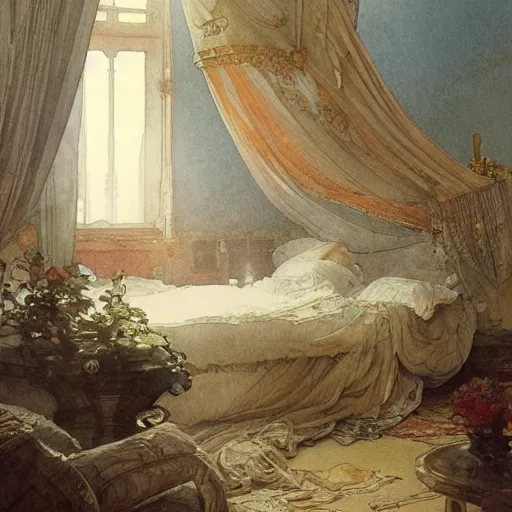 Image similar to a beautifull intricate watercolour painting of a bed room, reflexions, verry high details by william turner art, greg rutkowski and alphonse mucha, trending on artstation, very very detailed, masterpiece, muted colors