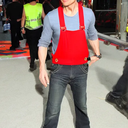 Prompt: tom cruise wearing mario's hat and overalls