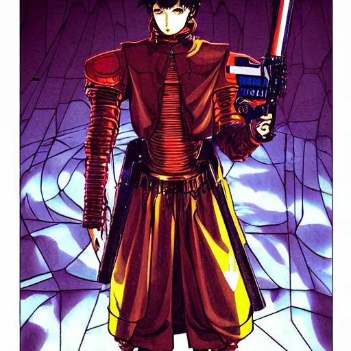 Image similar to detailed color manga illustration of a renaissance Saint as an evil killer robot, cyberpunk, dark, akira