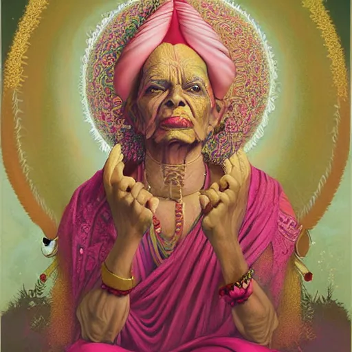 Image similar to wise old Indian guru, multiple arms, large ears, pink and gold , by Anato Finnstark, Tom Bagshaw, Brom