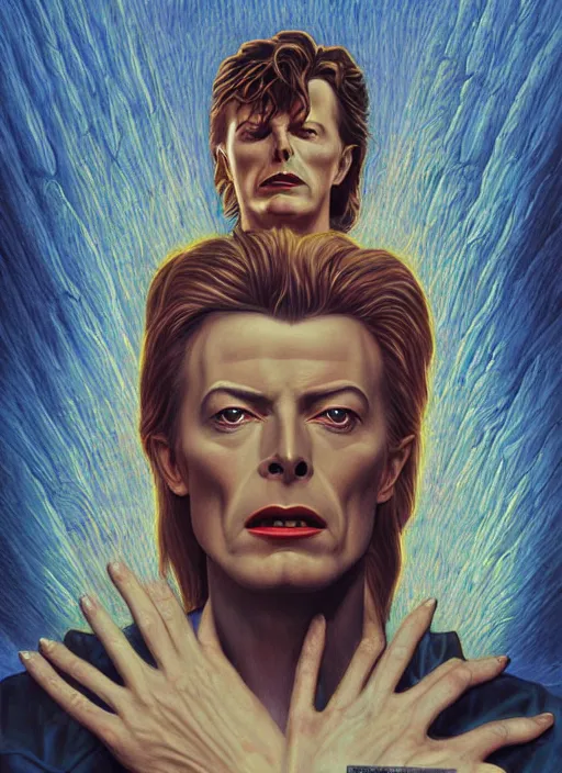 Prompt: twin peaks poster art, david bowie trapped at the gates, old retro pulp, by michael whelan, rossetti bouguereau, artgerm, retro, nostalgic, old fashioned