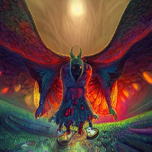 Image similar to 8K Portrait of centered chest up of a psychedelic godlike mothman with giant mandala wings smoking a hand-rolled cigarette smoking heavily , magic mushroom village in background , post-processing , award winning. superb resolution. in the art style of junji Ito and greg rutkowski . Detailed Mushroom city in background. Hyper realistic anime. Perfect art. Dalle2