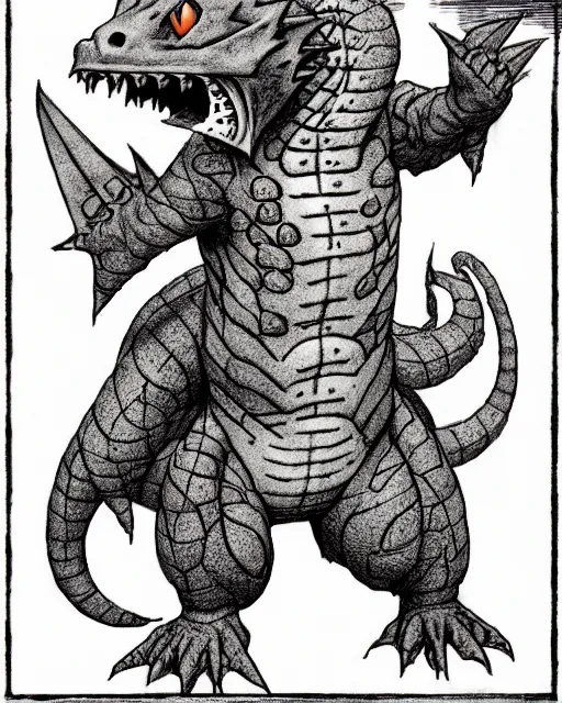 Image similar to charmander as a d & d monster, full body, pen - and - ink illustration, etching, by russ nicholson, david a trampier, larry elmore, 1 9 8 1, hq scan, intricate details, stylized border