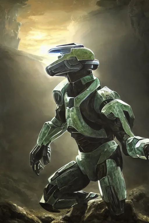 Prompt: onix pokemon playing as master chief, oil on canvas, intricate, 8 k highly professionally detailed, hdr, cgsociety