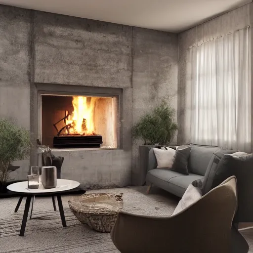 Image similar to two armchairs sitting in front of a cosy fireplace, modern home design interior, octane render, hyperrealistic, concrete archetecture, vray, volumetric lighting, cinema 4 d, unreal engine