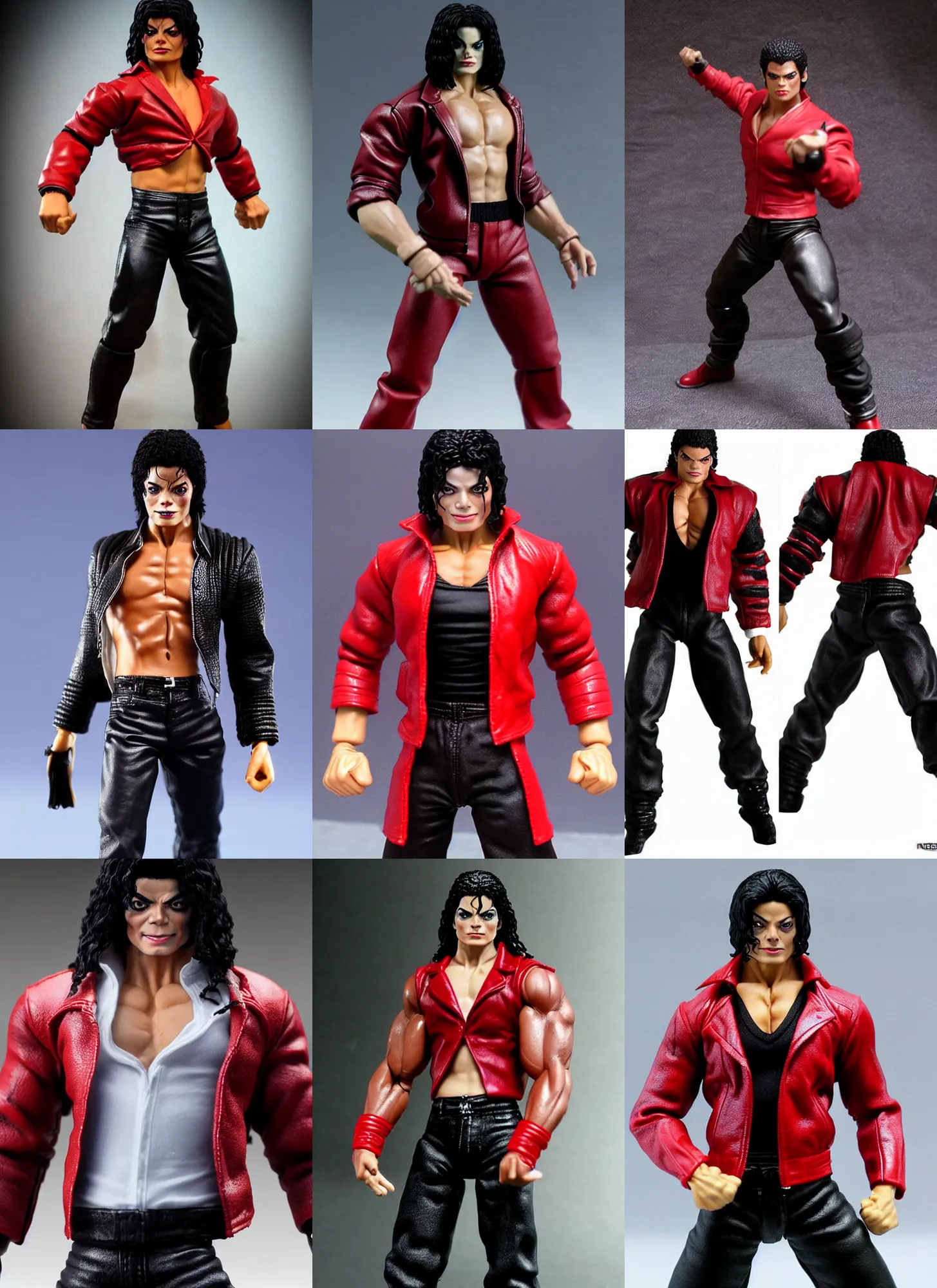 Prompt: stoic michael jackson oversized muscular hulked powerlifter by neca!!! pretty! beautiful! shirtless muscular black pants red leather thriller jacket very detailed realistic action figure by neca. face very close!! shot face shot head shot. in the style of tekken 5, character from mortal kombat, film still, bokehs